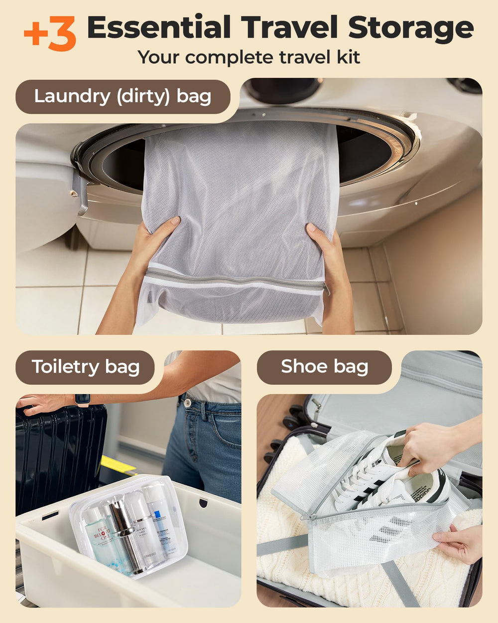 BAGSMART three vacuum bag sizes with color trims for quick packing