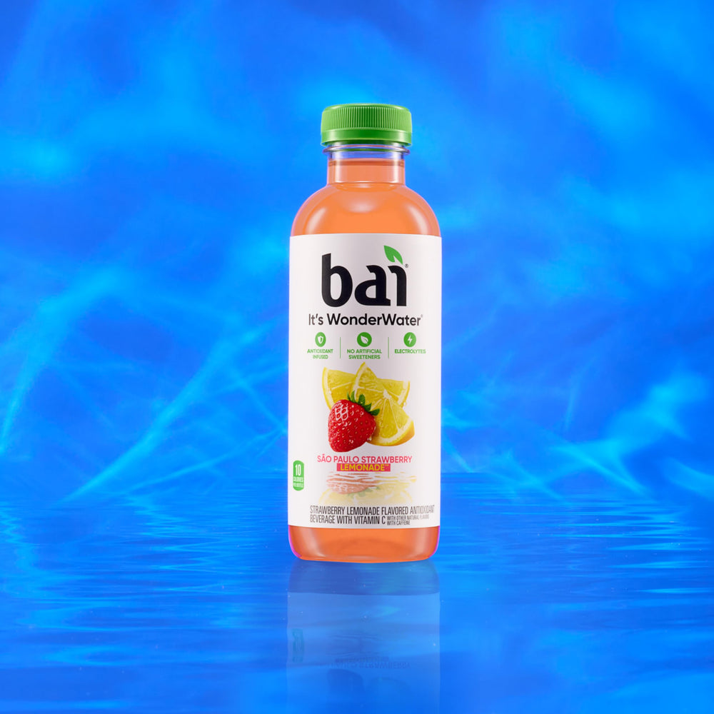 Bai bottle cap and recycled PET mark emphasizing recycled packaging benefit