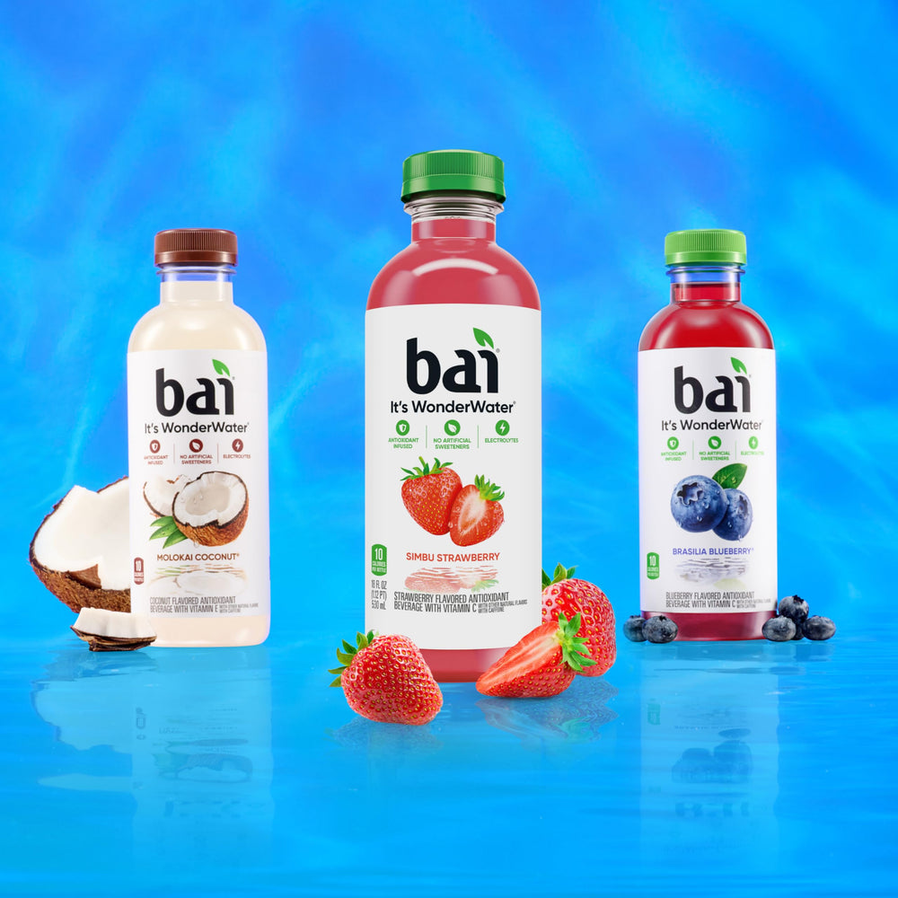 Bai Brasilia Blueberry twelve-bottle pack stacked showing pantry-ready supply