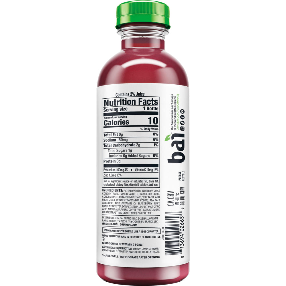 Bai Brasilia Blueberry side label closeup showing nutrition facts and benefits