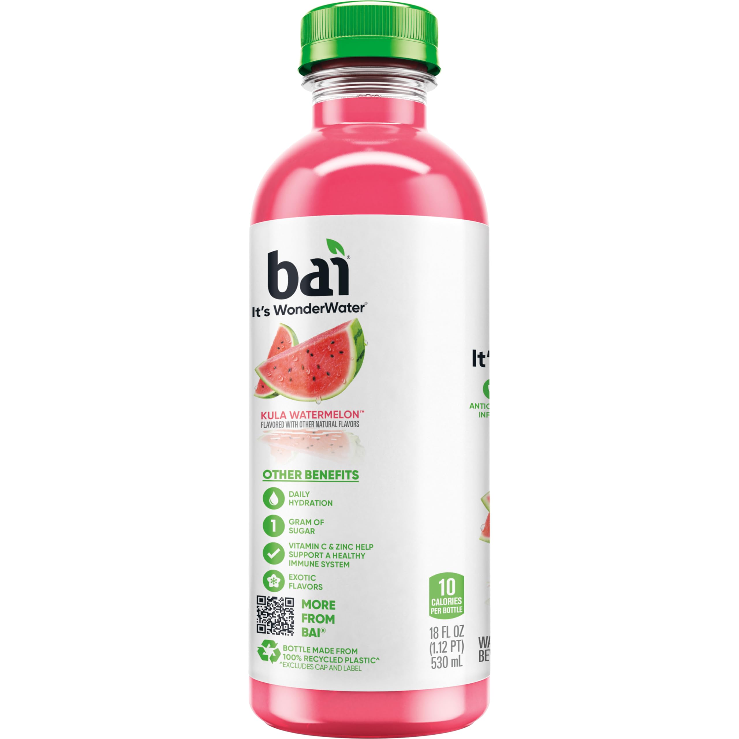 Recycled plastic mark on Bai bottle indicating sustainable packaging benefit