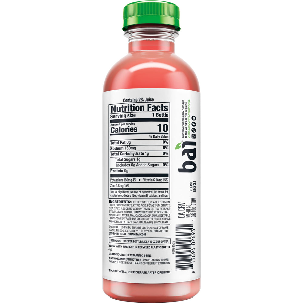 Bai bottle close-up label highlighting flavor name and ingredient cues