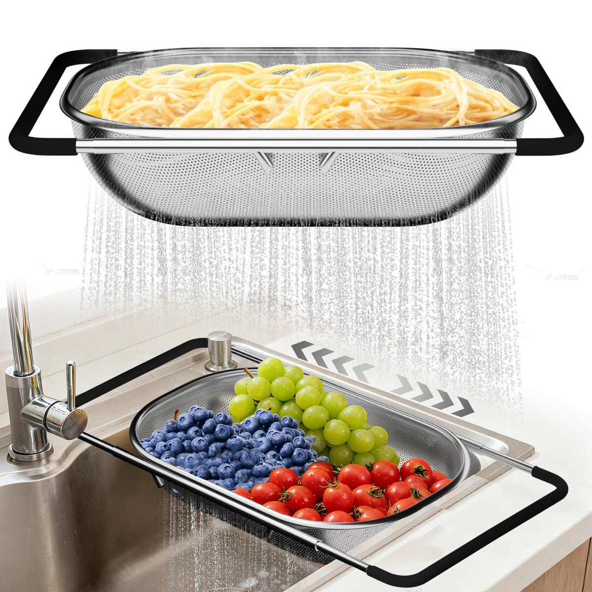 Balavina front view over the sink colander showing full frame and mesh for efficient draining