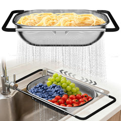 Balavina front view over the sink colander showing full frame and mesh for efficient draining