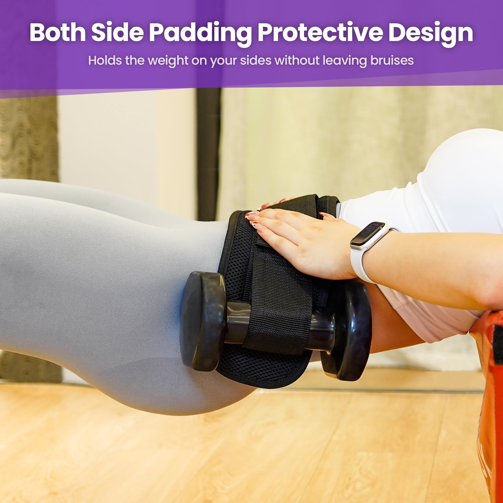 Balency worn during dumbbell hip thrusts demonstrating secure load placement