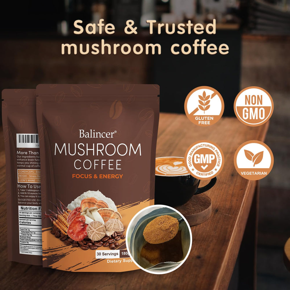 Balincer arrangement of six mushrooms and coffee beans showing natural ingredient blend