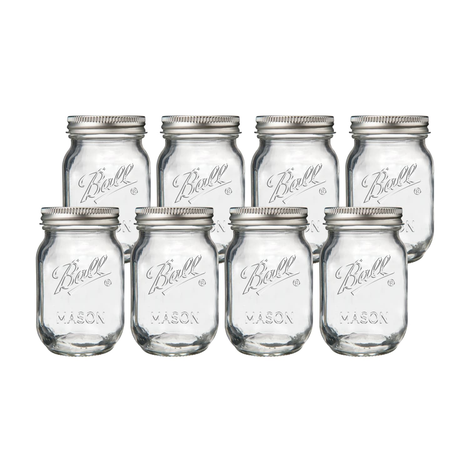 Ball front view packaging showing eight 16oz jars and lids for organized storage benefits