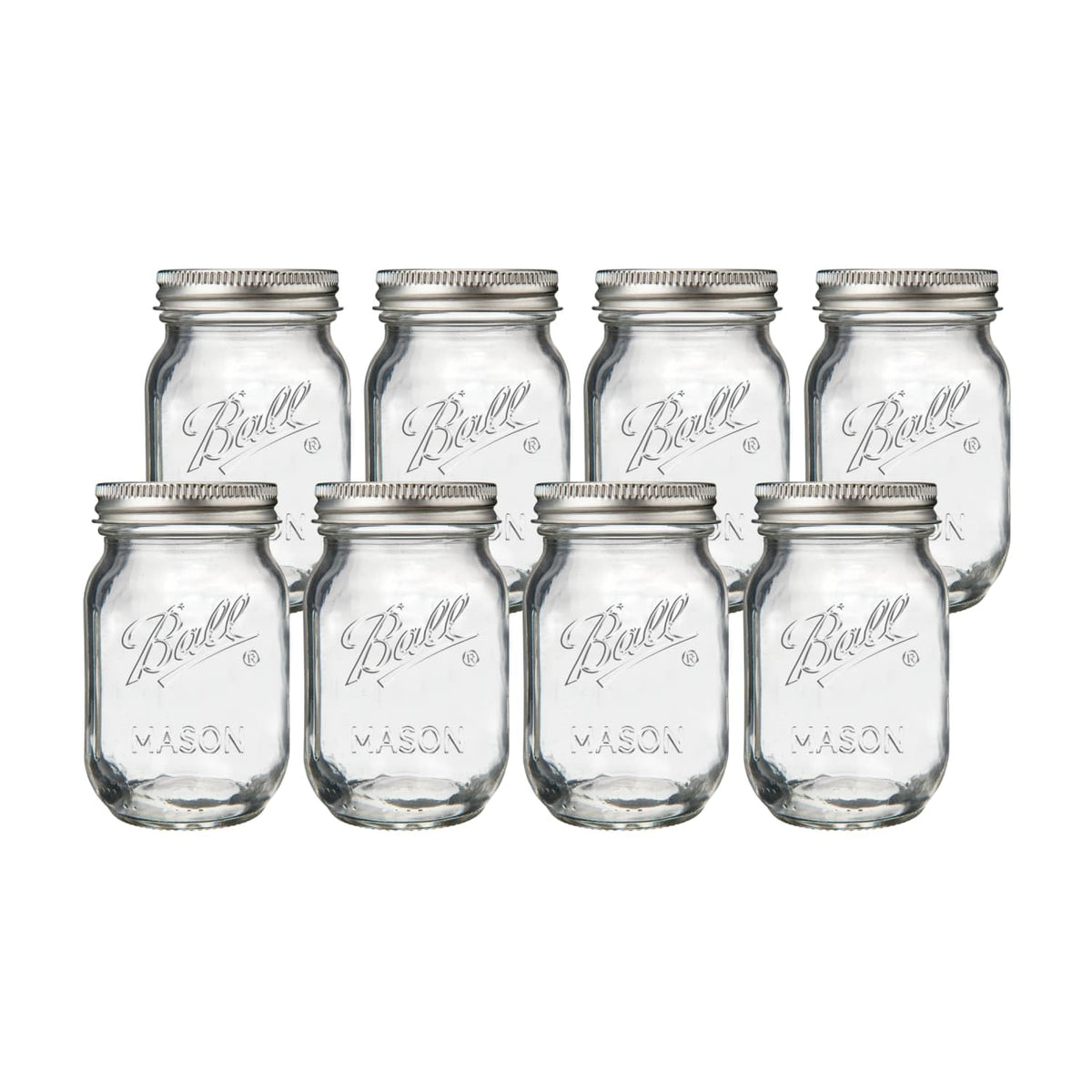 Ball front view packaging showing eight 16oz jars and lids for organized storage benefits