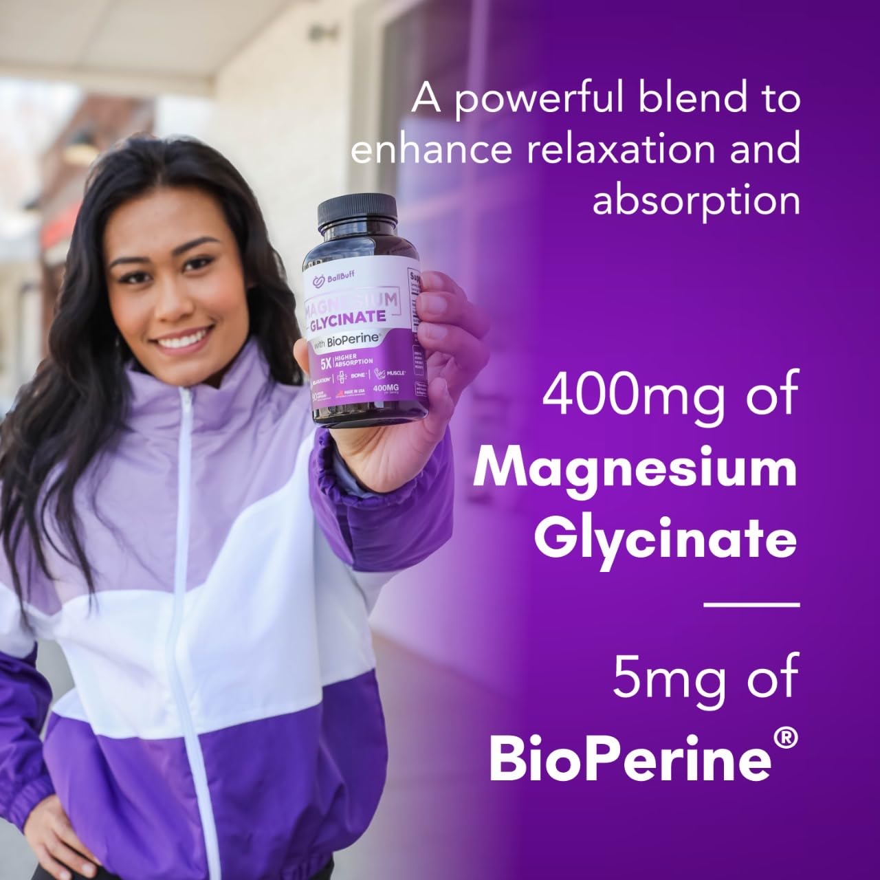 BallBuff label detail highlighting 400mg glycinate and BioPerine for potency
