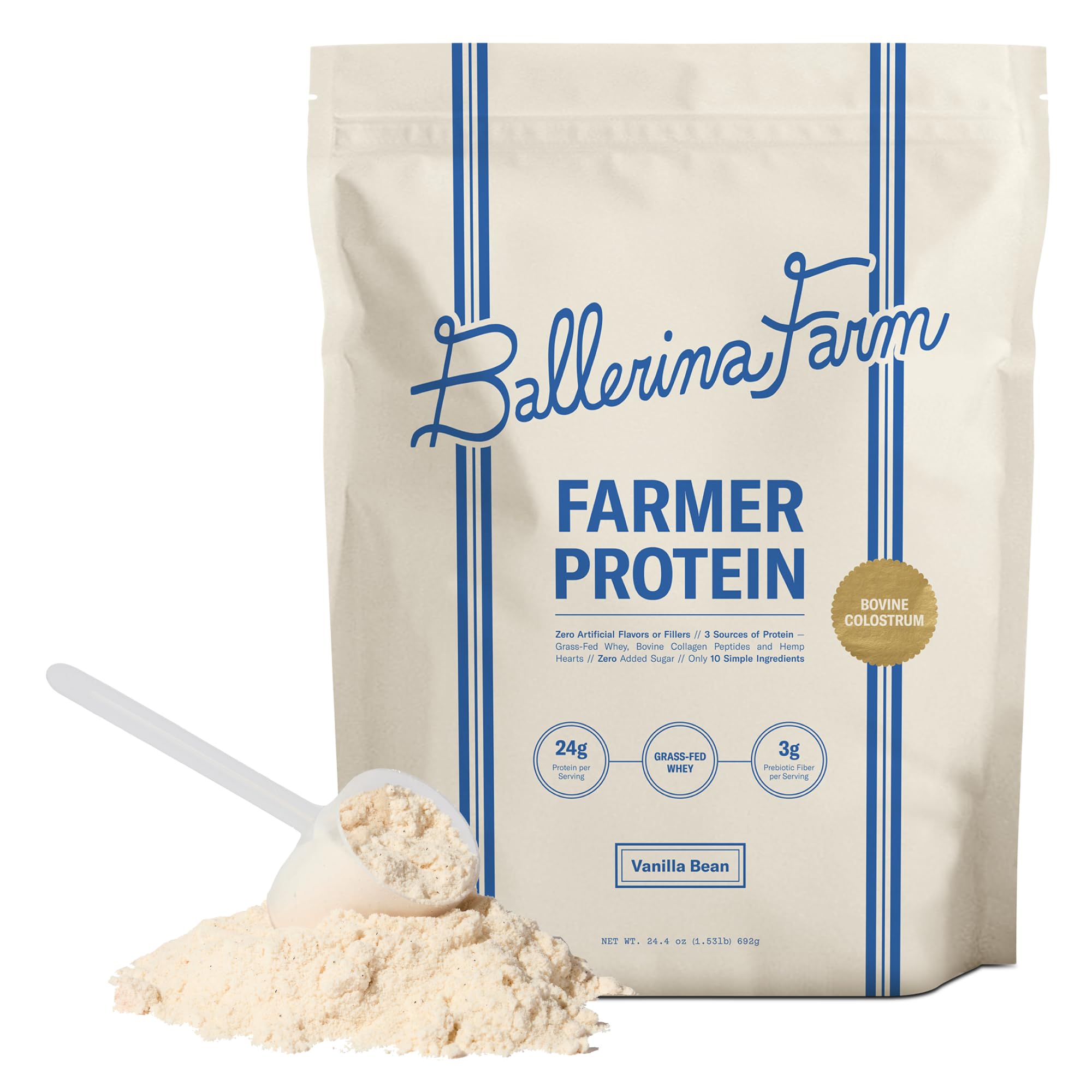 Ballerina Farm front pouch of vanilla bean protein showing branding and servings