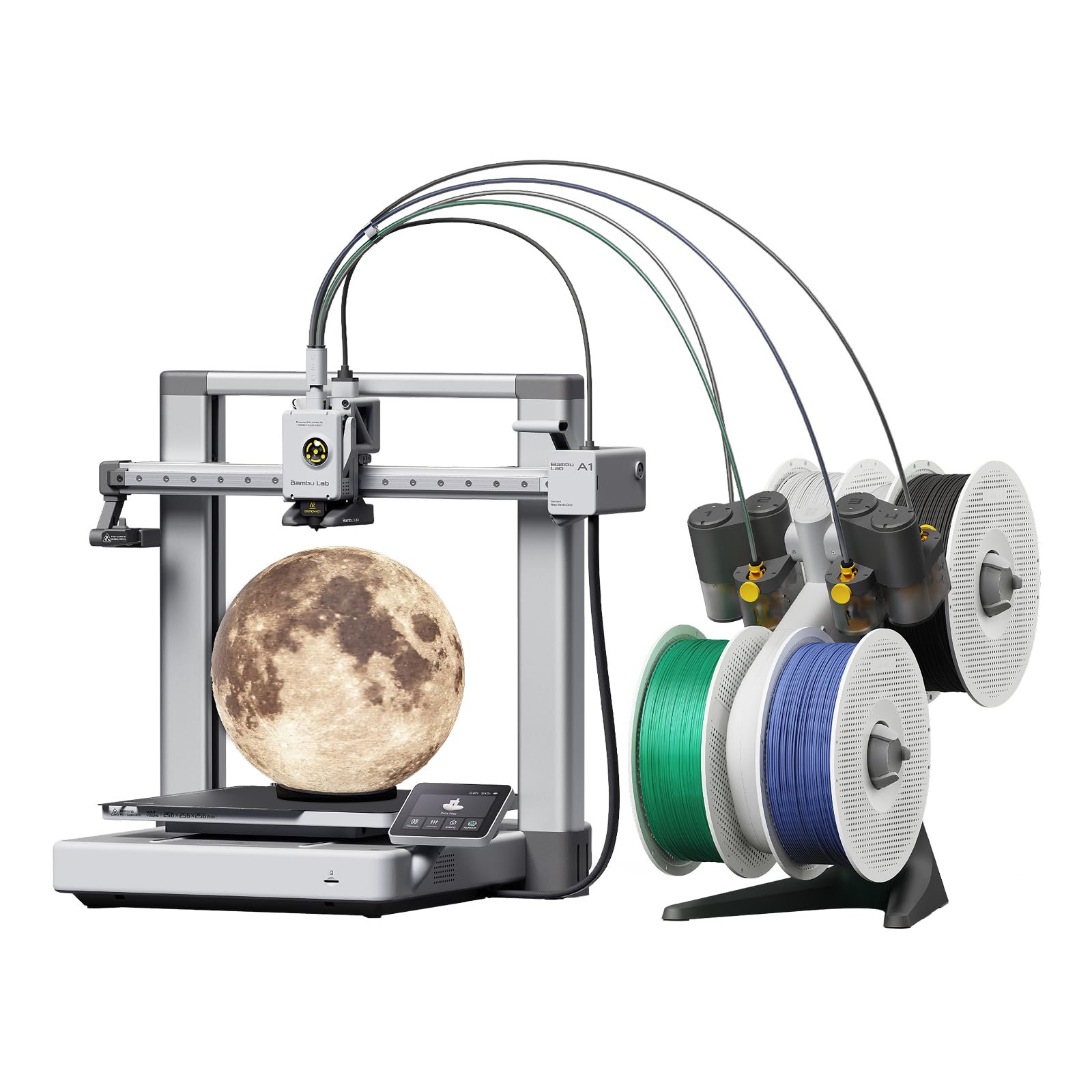 Bambu Lab A1 Combo front view showing printer and lamp kit, clear workspace benefits