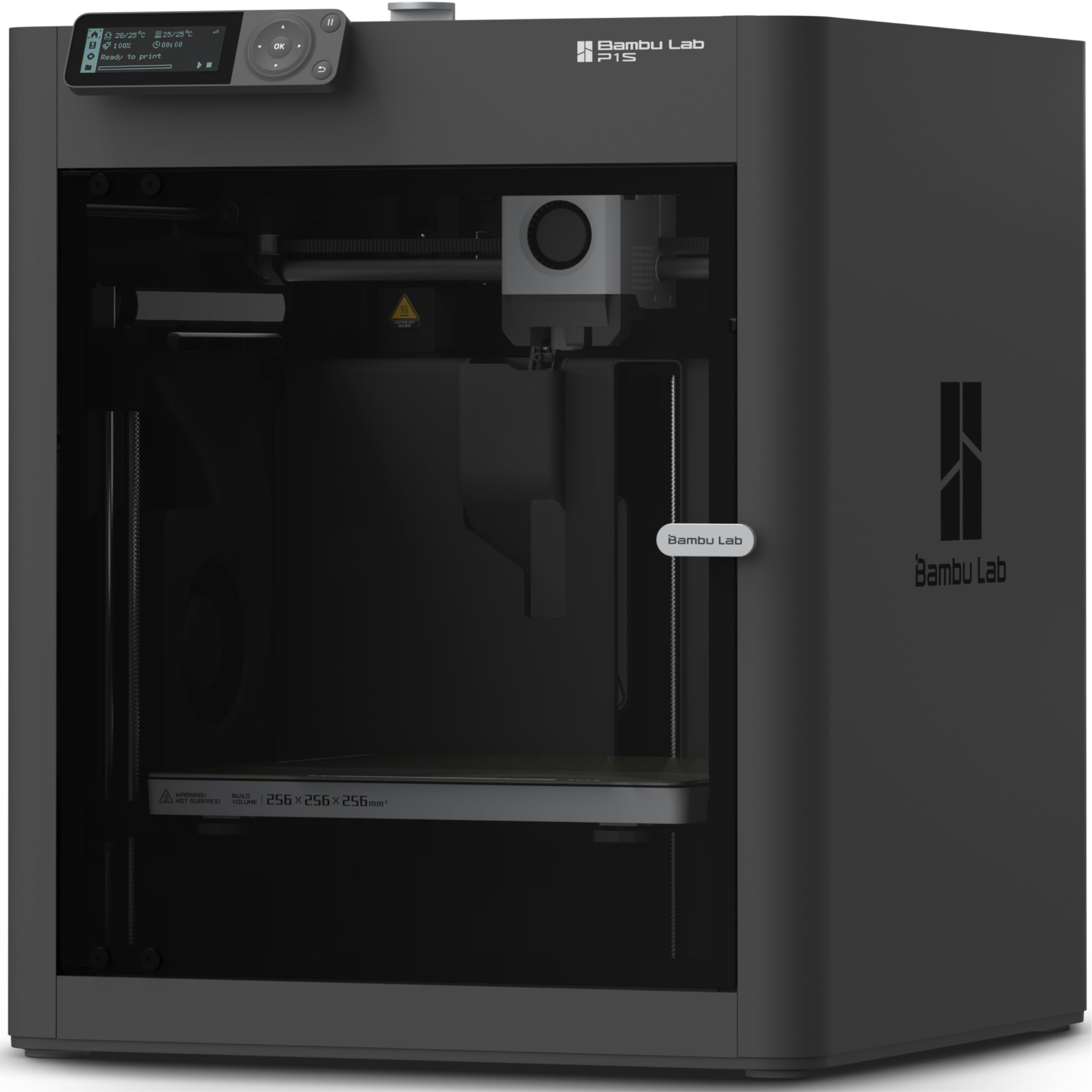Bambu Lab P1S front view showing compact enclosed design and fast printing benefits