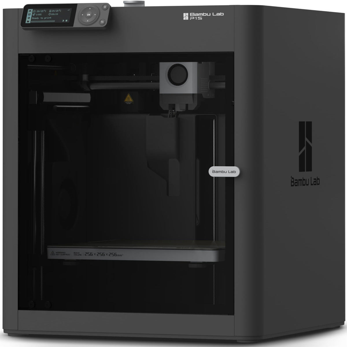 Bambu Lab P1S front view showing compact enclosed design and fast printing benefits