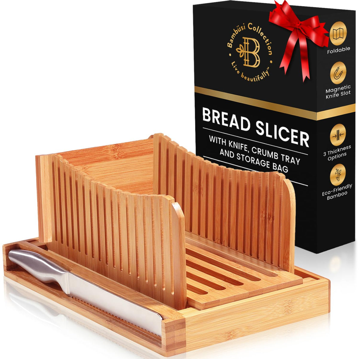 Bambüsi bread slicer front view showing frame and slot guides for even cuts