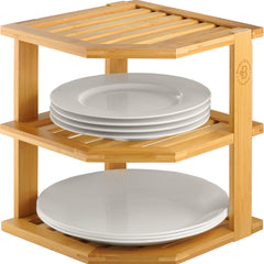 Bambüsi front view corner shelf showing organized plates and space savings