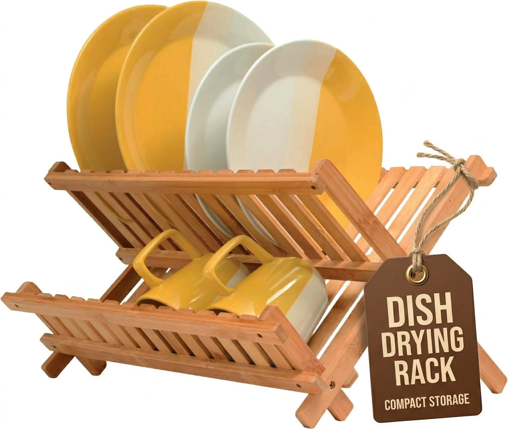 Bambüsi front view on countertop showing compact two-tier drying and organized plates