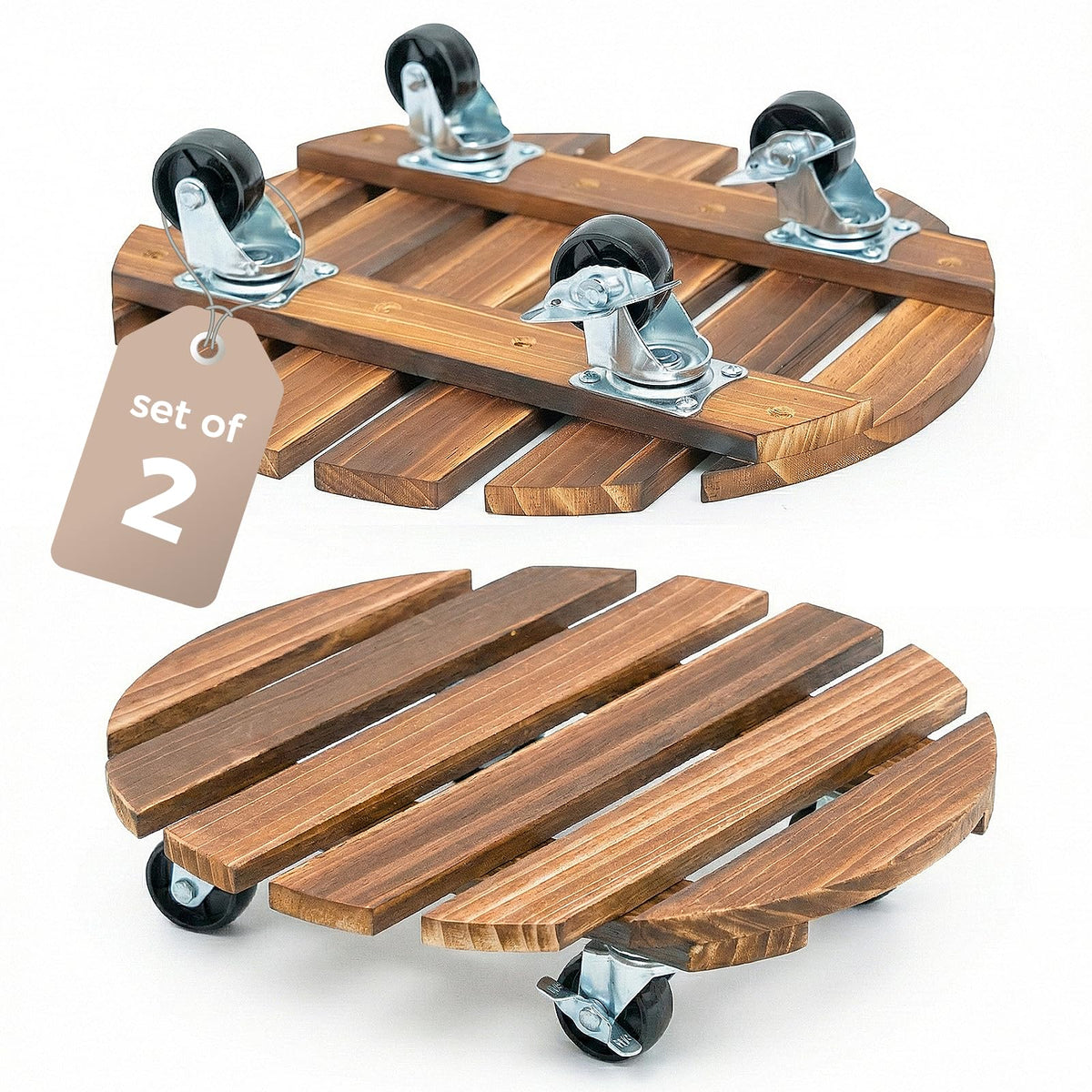 Bamworld front view plant caddy showing natural wood and wheels for easy moving