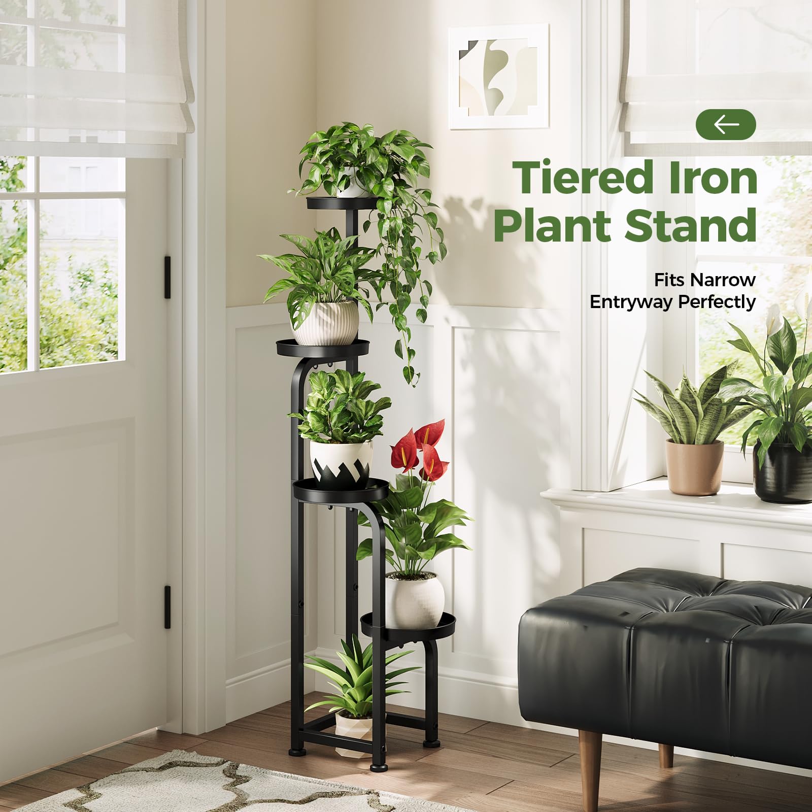 Bamworld plant stand beside sofa illustrating 46-inch height and space-saving scale