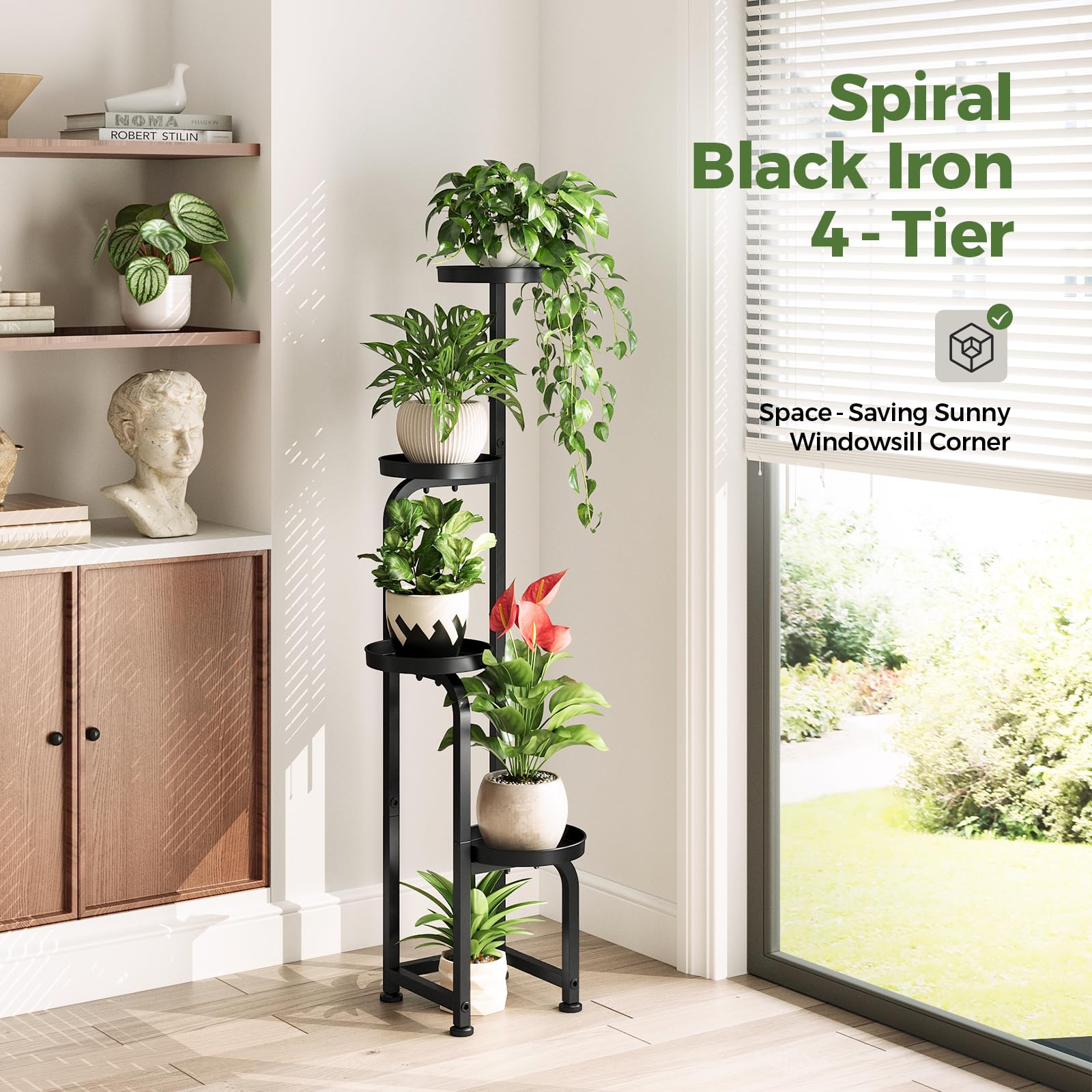 Bamworld staggered tiers with pots demonstrating improved light access for plants