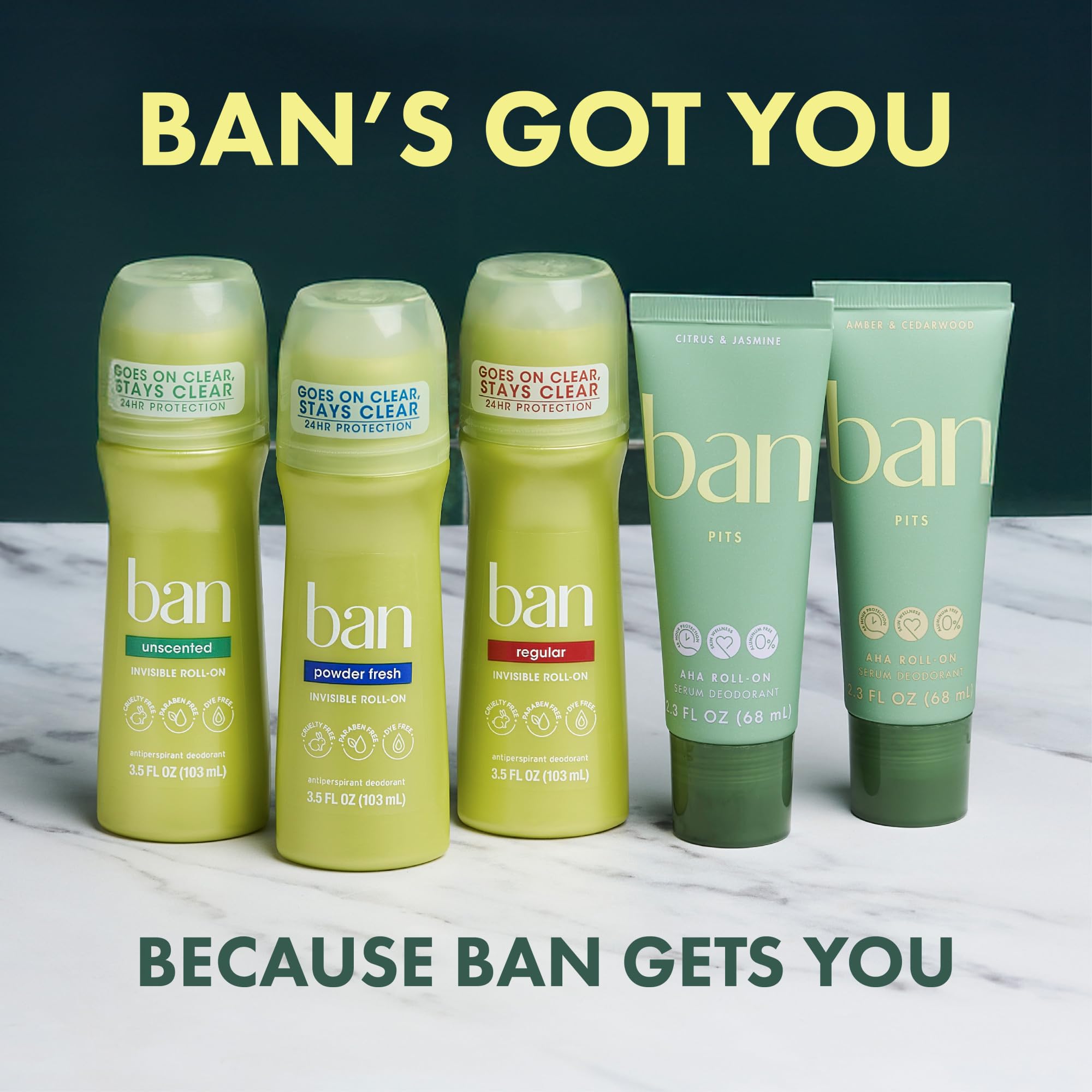 Ban roll-on cap and ball applicator detail showing precise, no-mess use