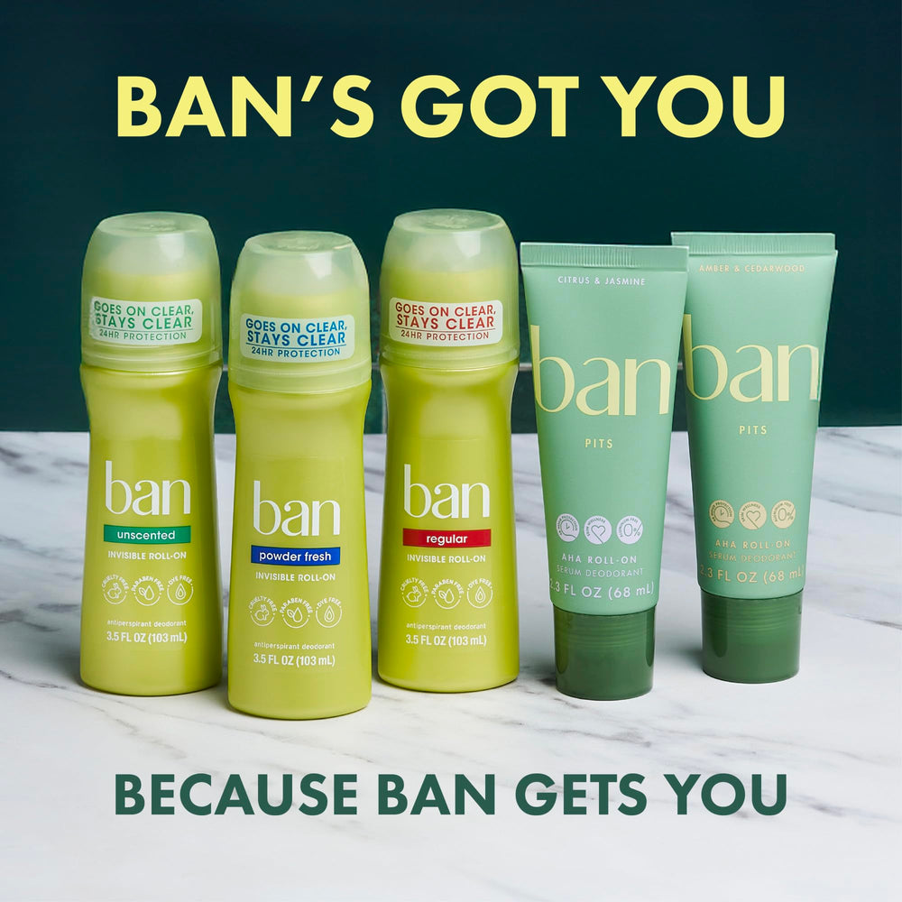 Ban roll-on cap and ball applicator detail showing precise, no-mess use