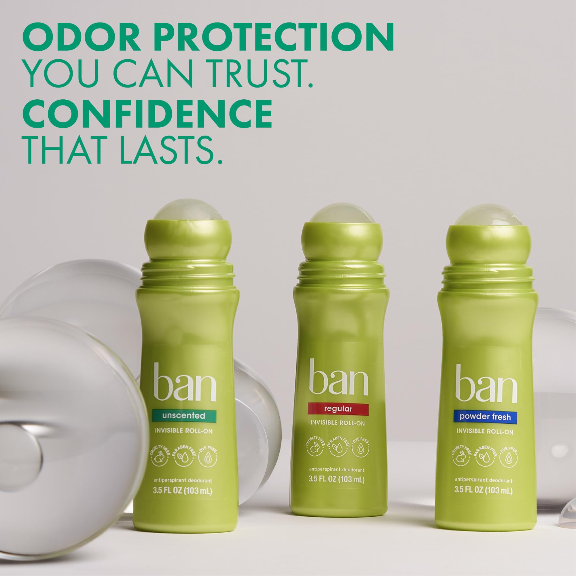 Ban roll-on next to gym bag showing portable, travel-friendly sizing