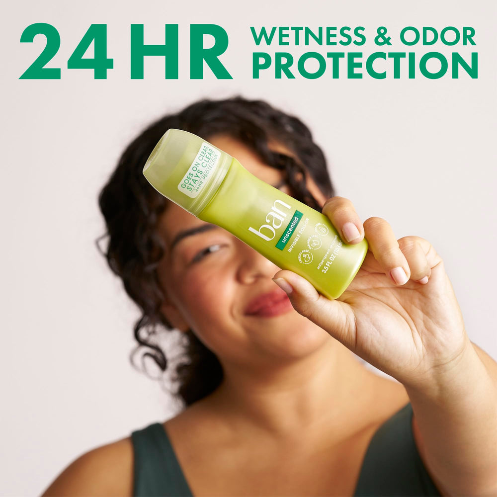 Ban unscented 3.5 oz side label showing size and usage information