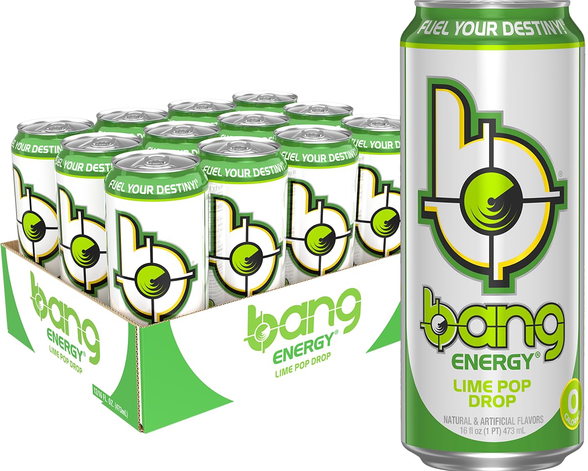 BANG front packaging of Lime Pop Drop 12-pack showing vibrant lime branding and quantity