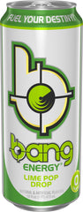 BANG poured glass with ice showing vivid lime color and refreshing benefit
