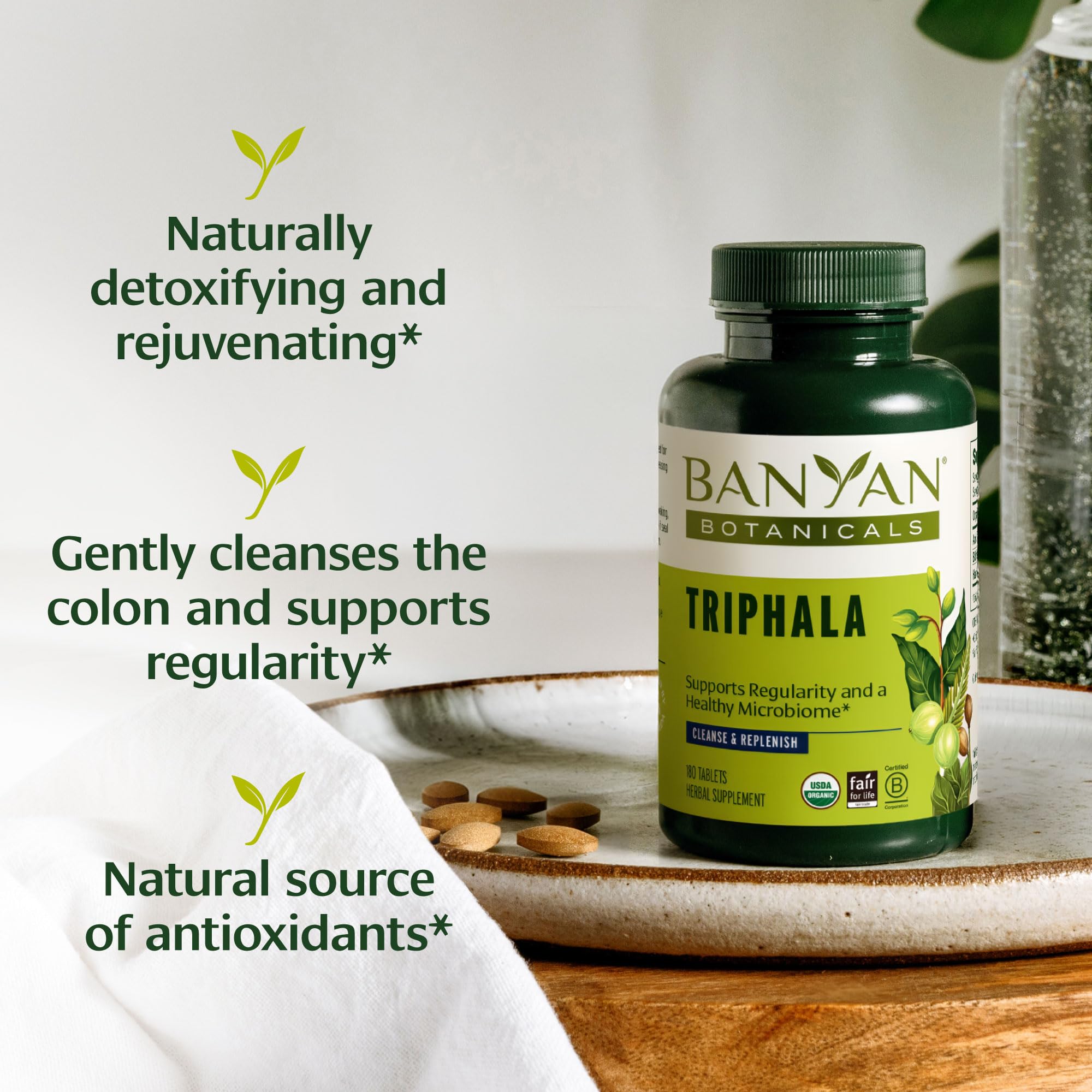 Banyan Botanicals open bottle with tablets visible for daily convenience