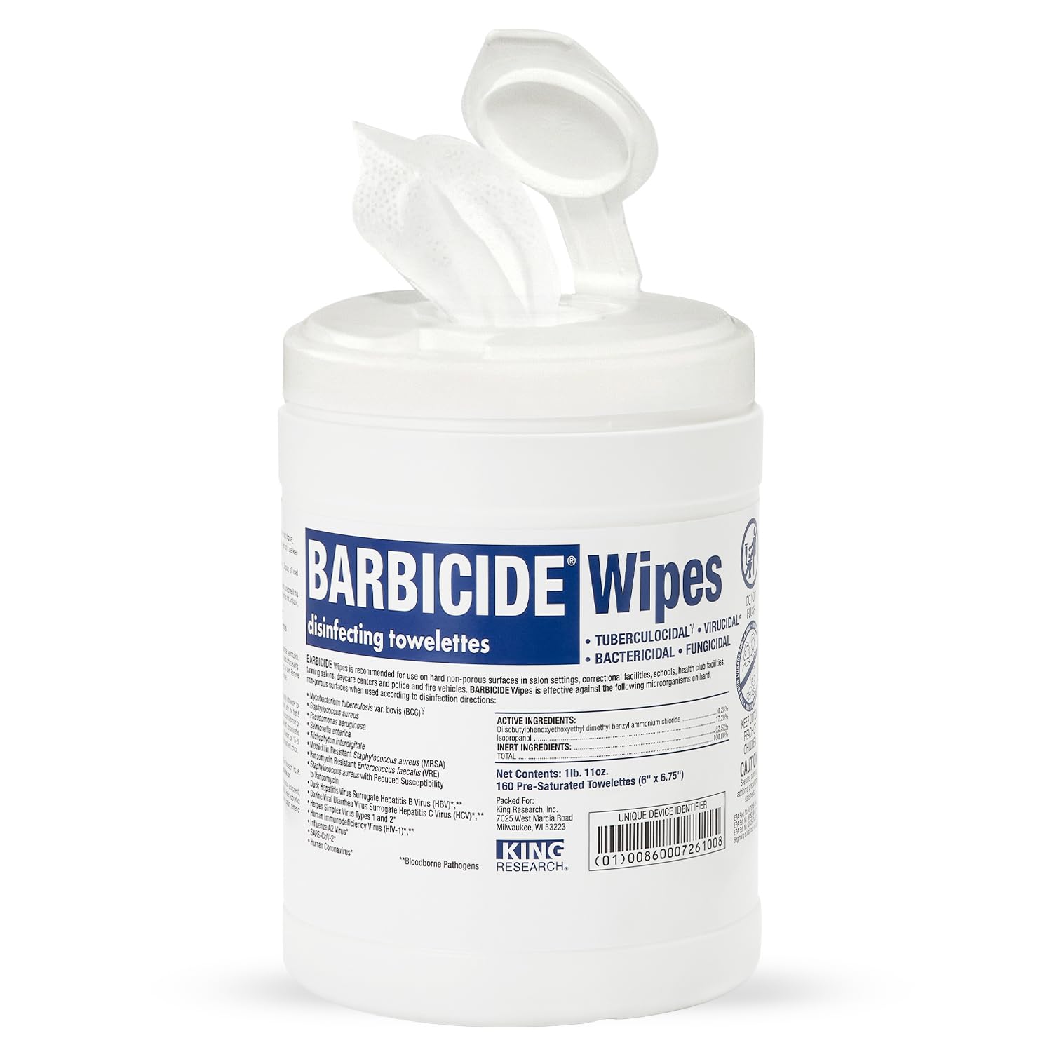 BARBICIDE canister front view showing brand and high-count benefit