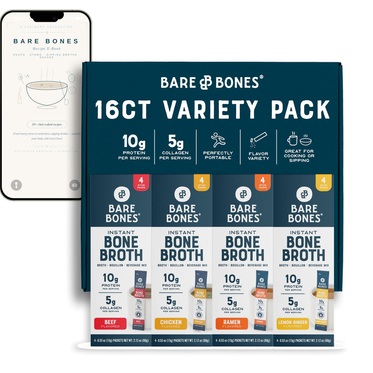 Bare Bones front packaging shows variety pack and convenient single-serve benefit