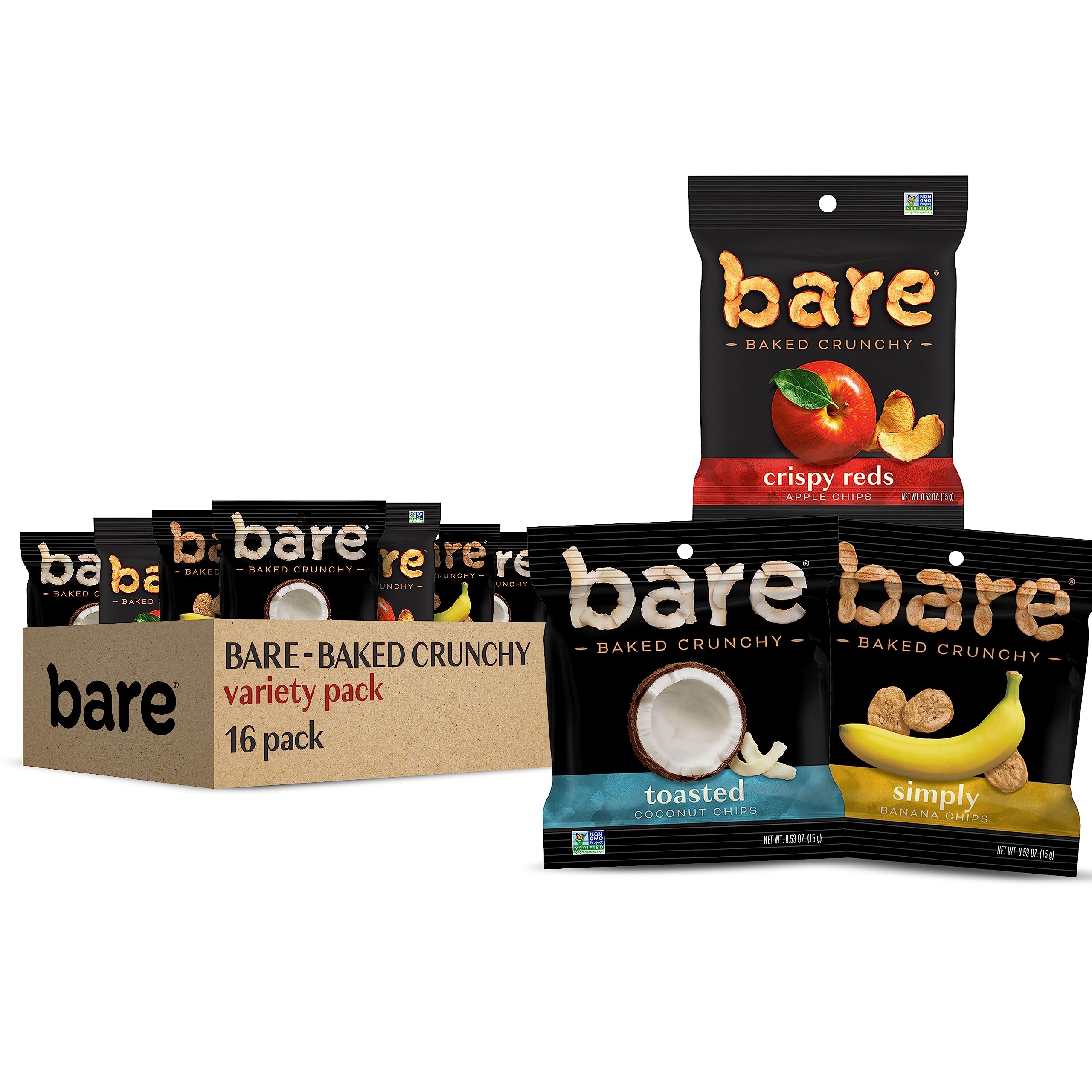 Bare front packaging showing full 16-count variety pack and branding benefit