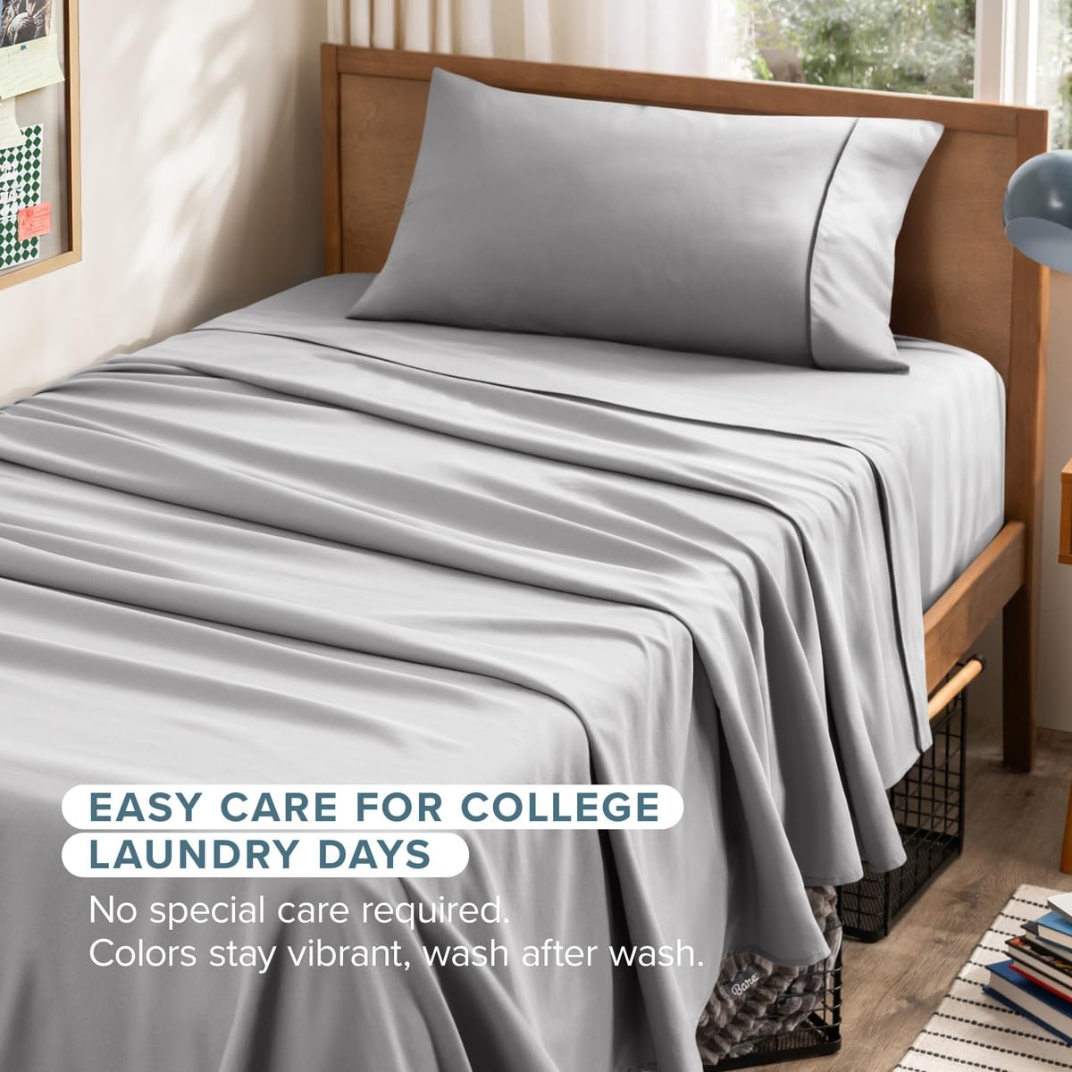Bare Home lifestyle shot of Twin XL bed in bedroom demonstrating cozy, modern appeal
