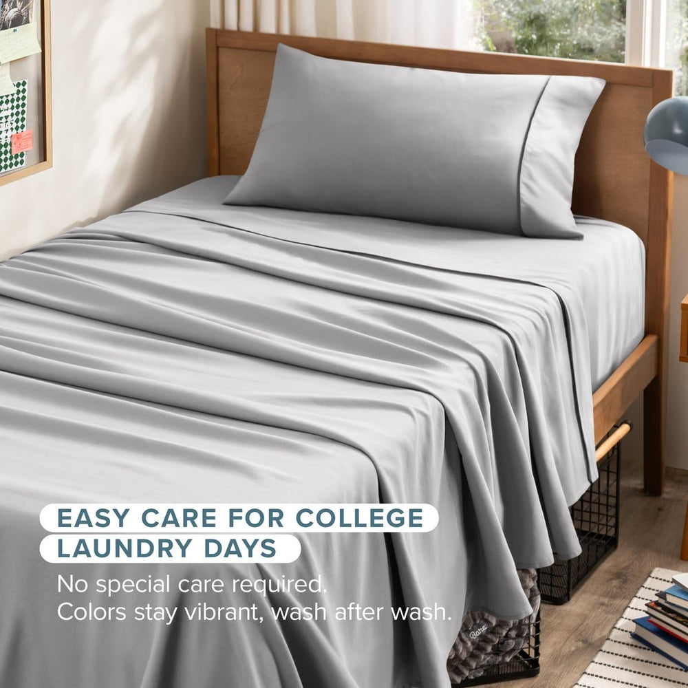 Bare Home lifestyle shot of Twin XL bed in bedroom demonstrating cozy, modern appeal