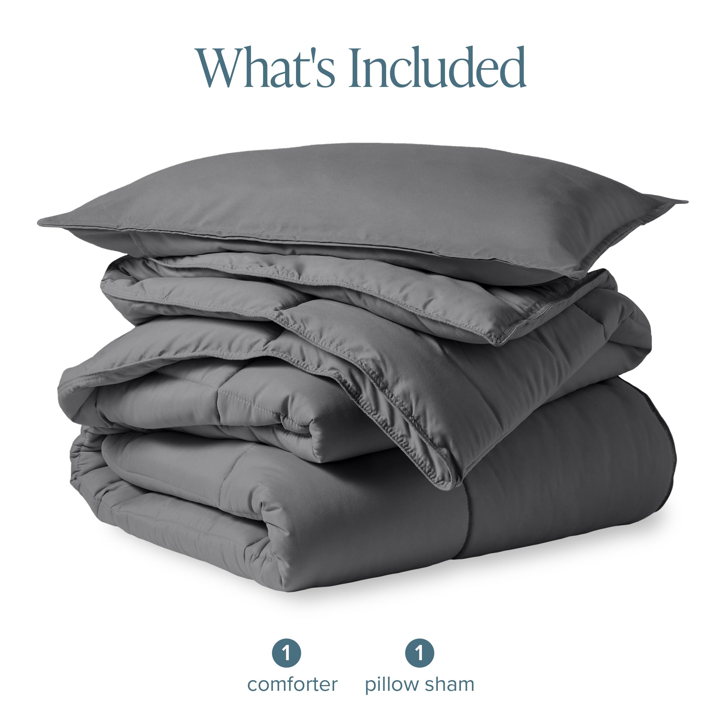 Bare Home comforter next to measuring tape illustrating 66 by 92 inch dimensions