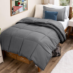 Bare Home front view of grey comforter set showing neat drape and modern look