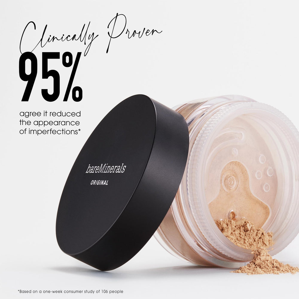 bareMinerals powder being applied with brush for buildable coverage benefit