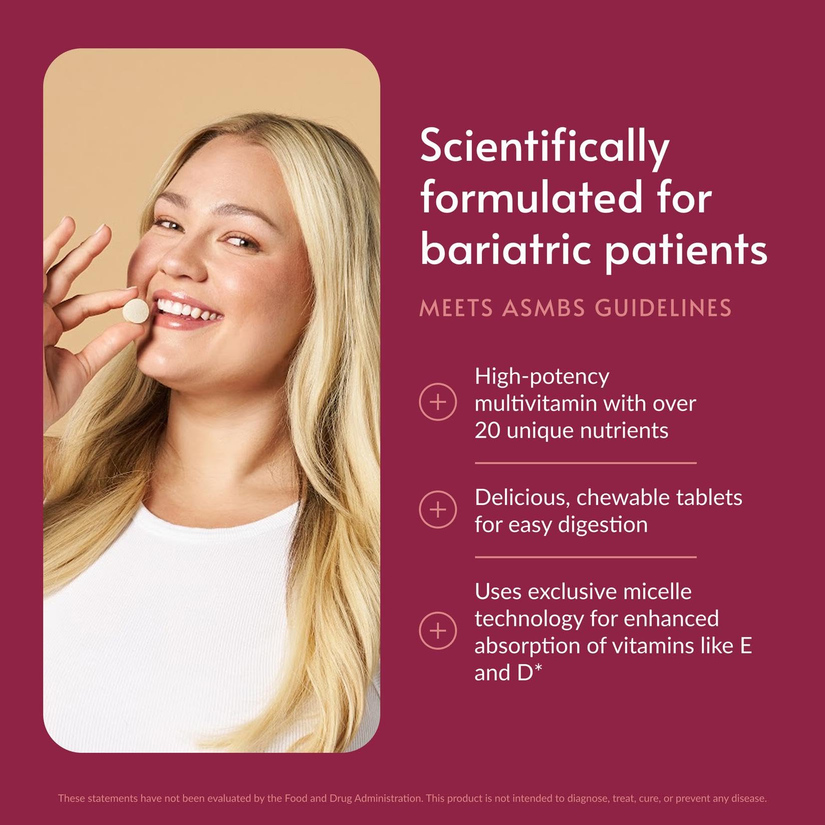Bariatric Advantage close-up of a chewable tablet highlighting smooth texture and color advantage