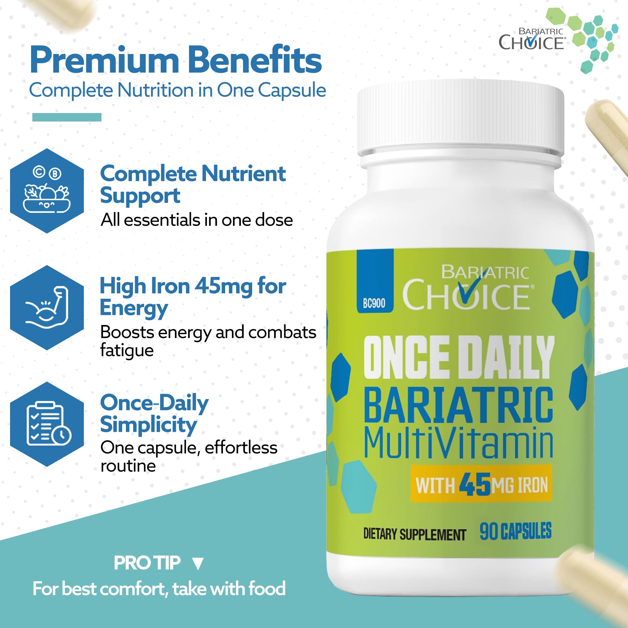Bariatric Choice capsule close-up highlighting fast-dissolving veggie capsule benefit