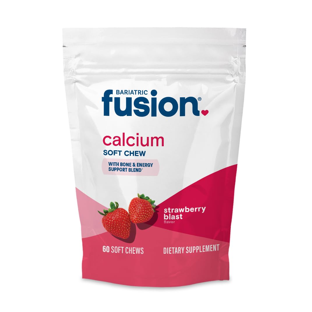 Bariatric Fusion front packaging displaying bottle and strawberry chews for convenient daily use