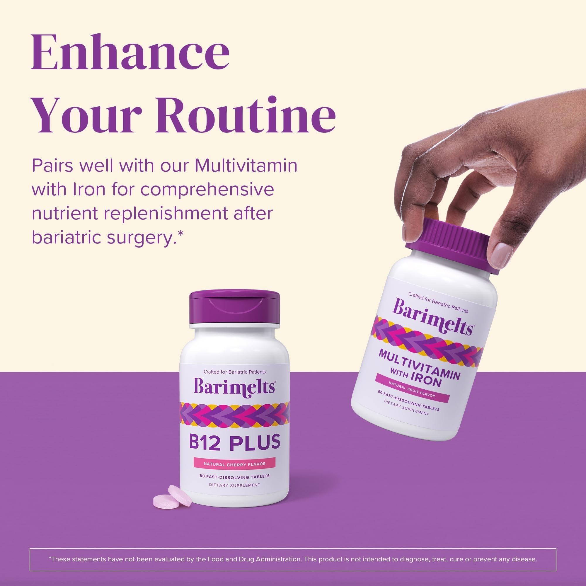 Woman holding a BariMelts tablet in lifestyle setting to convey everyday ease and adherence