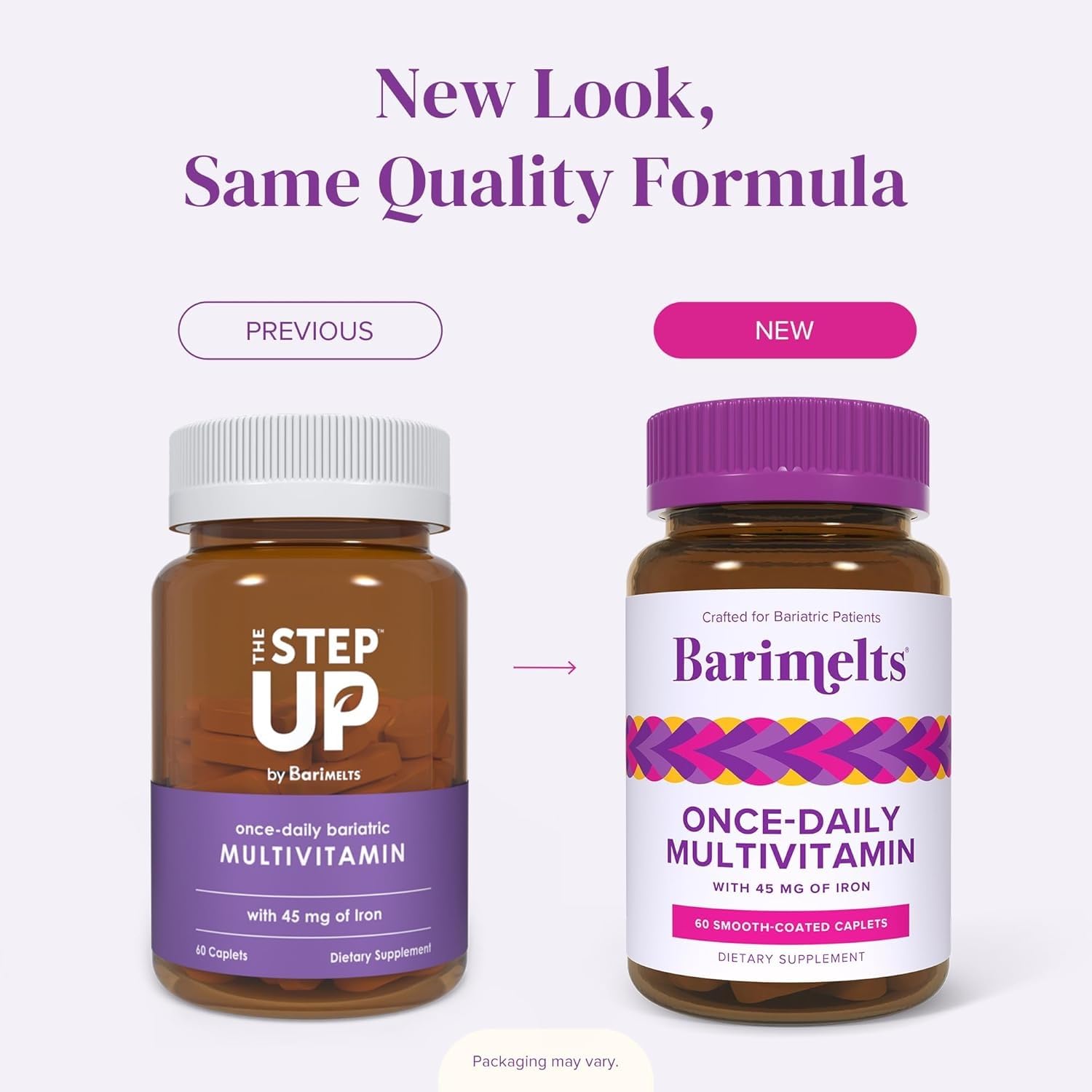 Open BariMelts bottle with caplets spilling gently to show accessible once-daily supply
