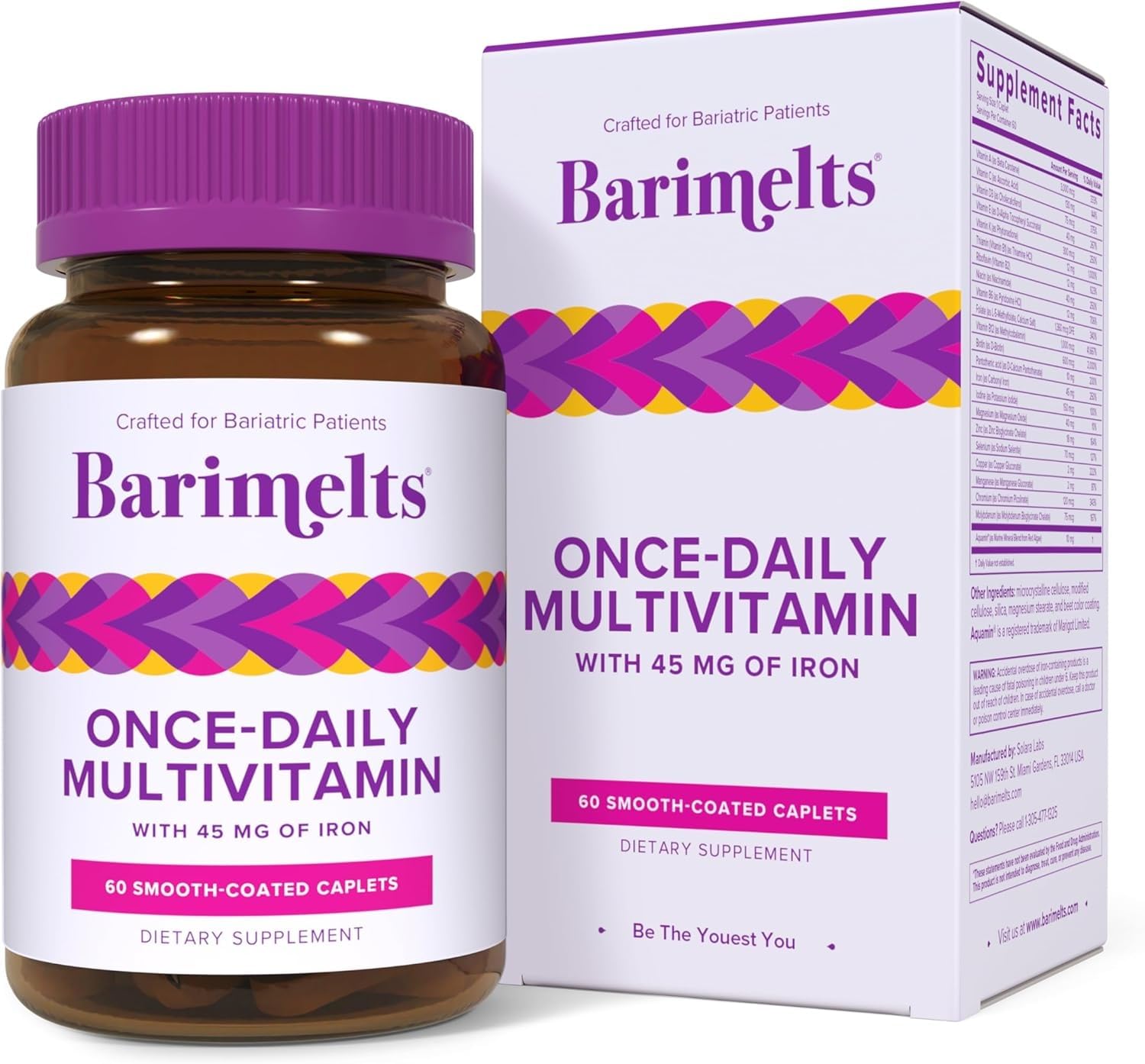 BariMelts front packaging showing bottle and 60 caplets for simplified dosing