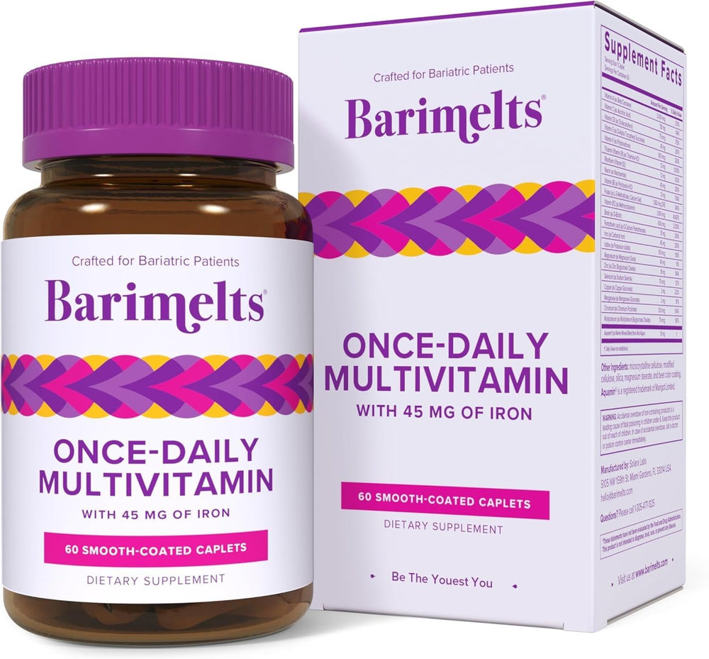 BariMelts front packaging showing bottle and 60 caplets for simplified dosing