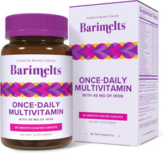 BariMelts front packaging showing bottle and 60 caplets for simplified dosing