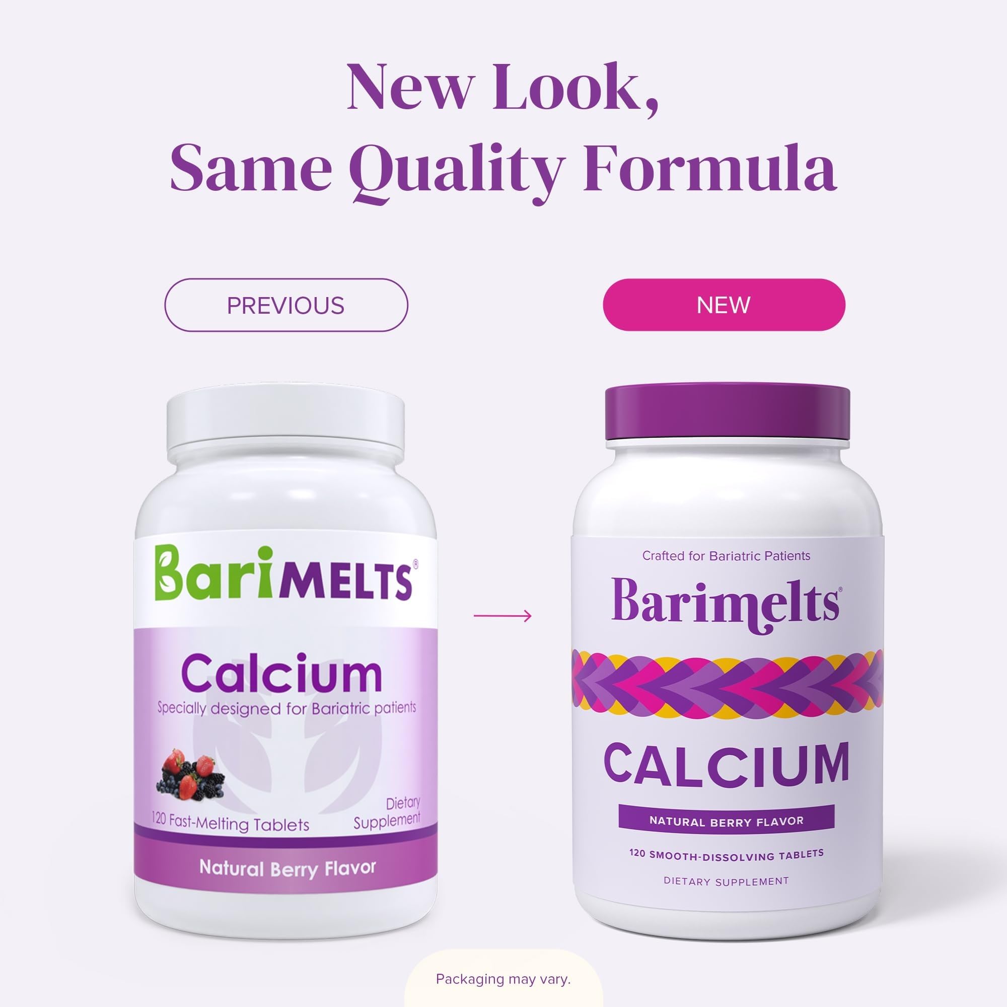 BariMelts ingredient panel emphasizing calcium, vitamin D3, and magnesium content