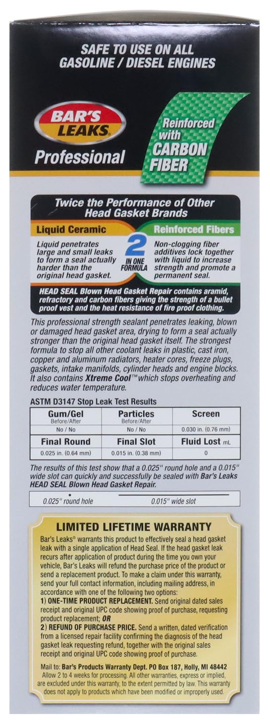 Bar's Leaks label close-up highlighting directions and compatibility benefit