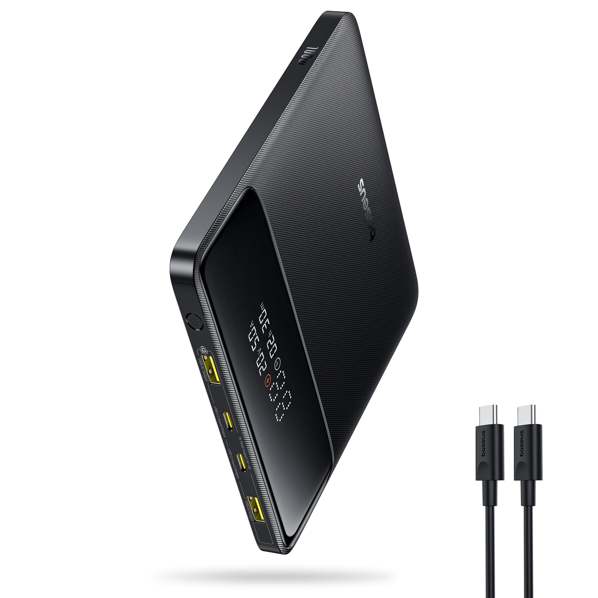Baseus front view showing slim power bank and branding, highlights portability