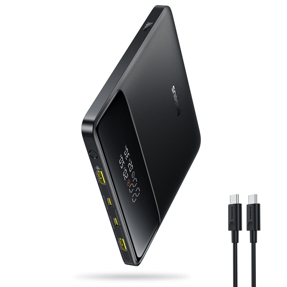 Baseus front view showing slim power bank and branding, highlights portability